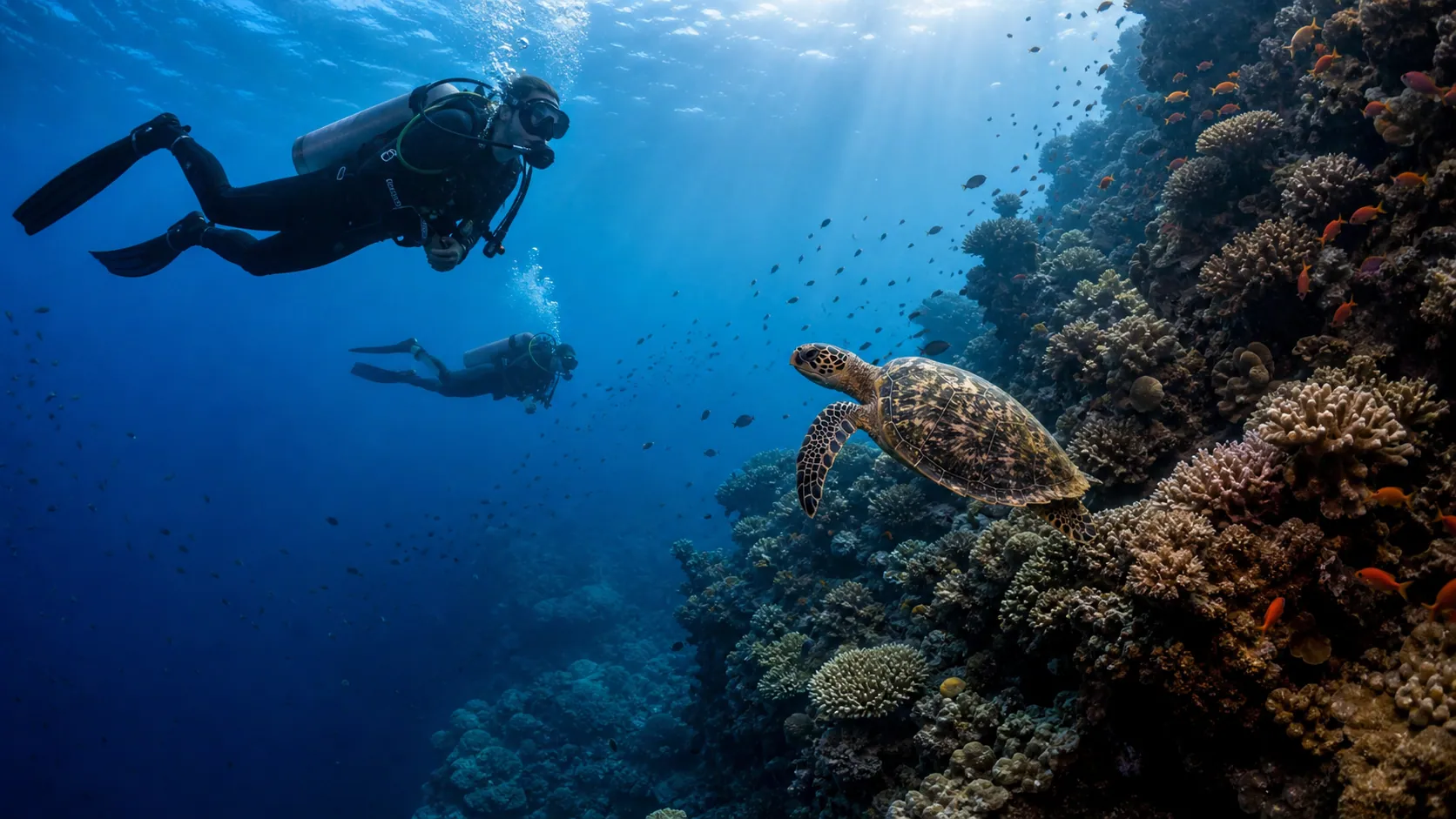 Two divers descending a Red Sea reef in the Hurghada area