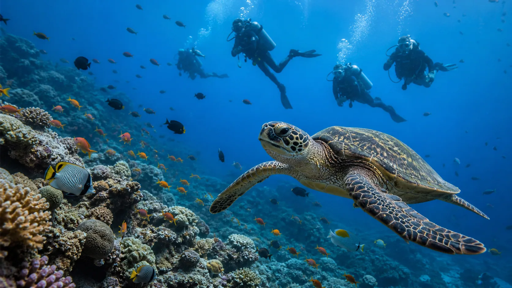 Group of scuba divers in silhouette descending alongside a sea turtle in the deep blue waters of Hurghada